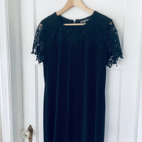 Karl Lagerfeld Women's Lace Appliqué Overlay Sheath Dress Size 12 Black LBD - Picture 2 of 14